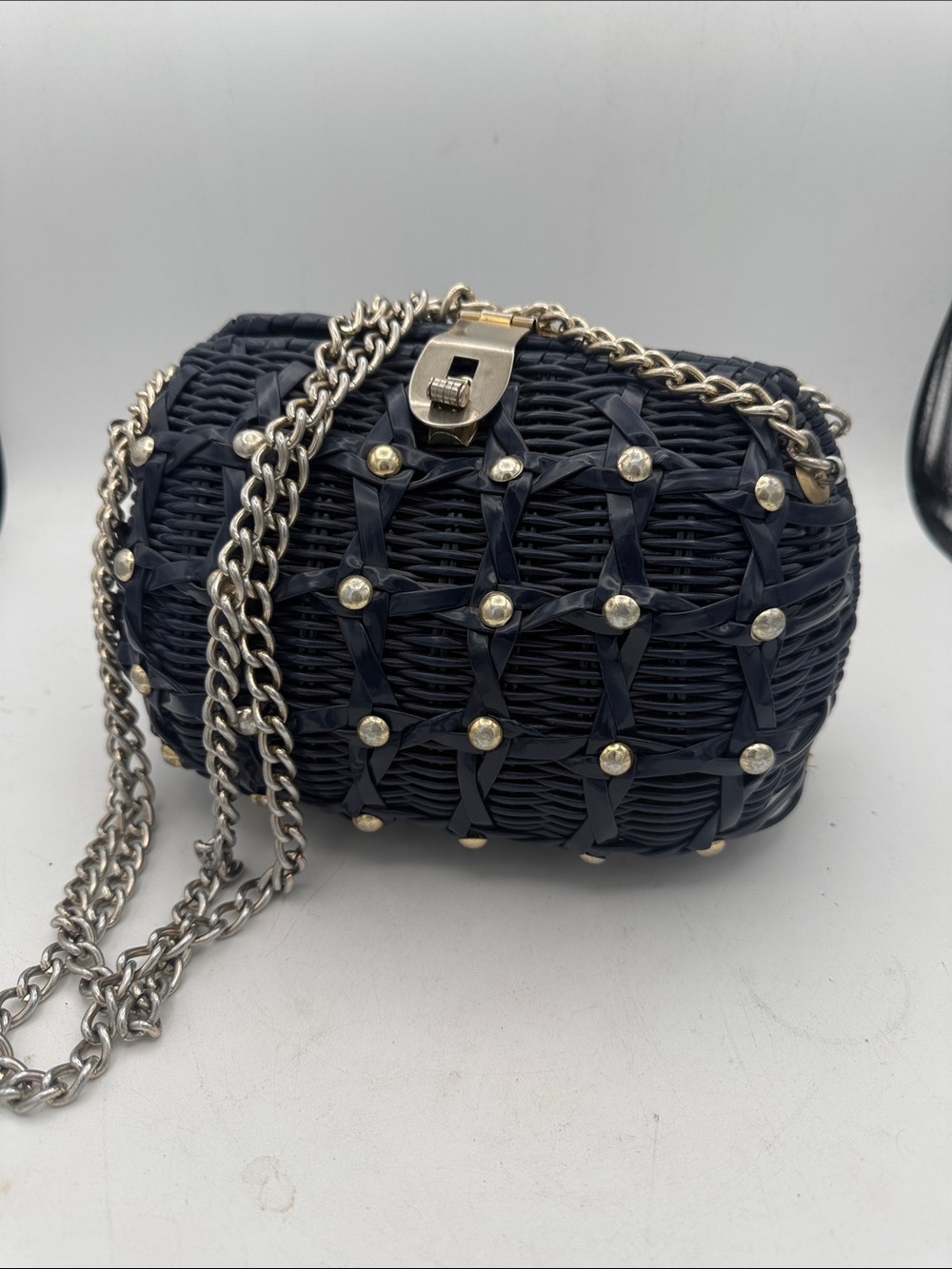 Vintage Heiress Navy Blue studded Glazed Wicker Crossbody Bag Metal chain